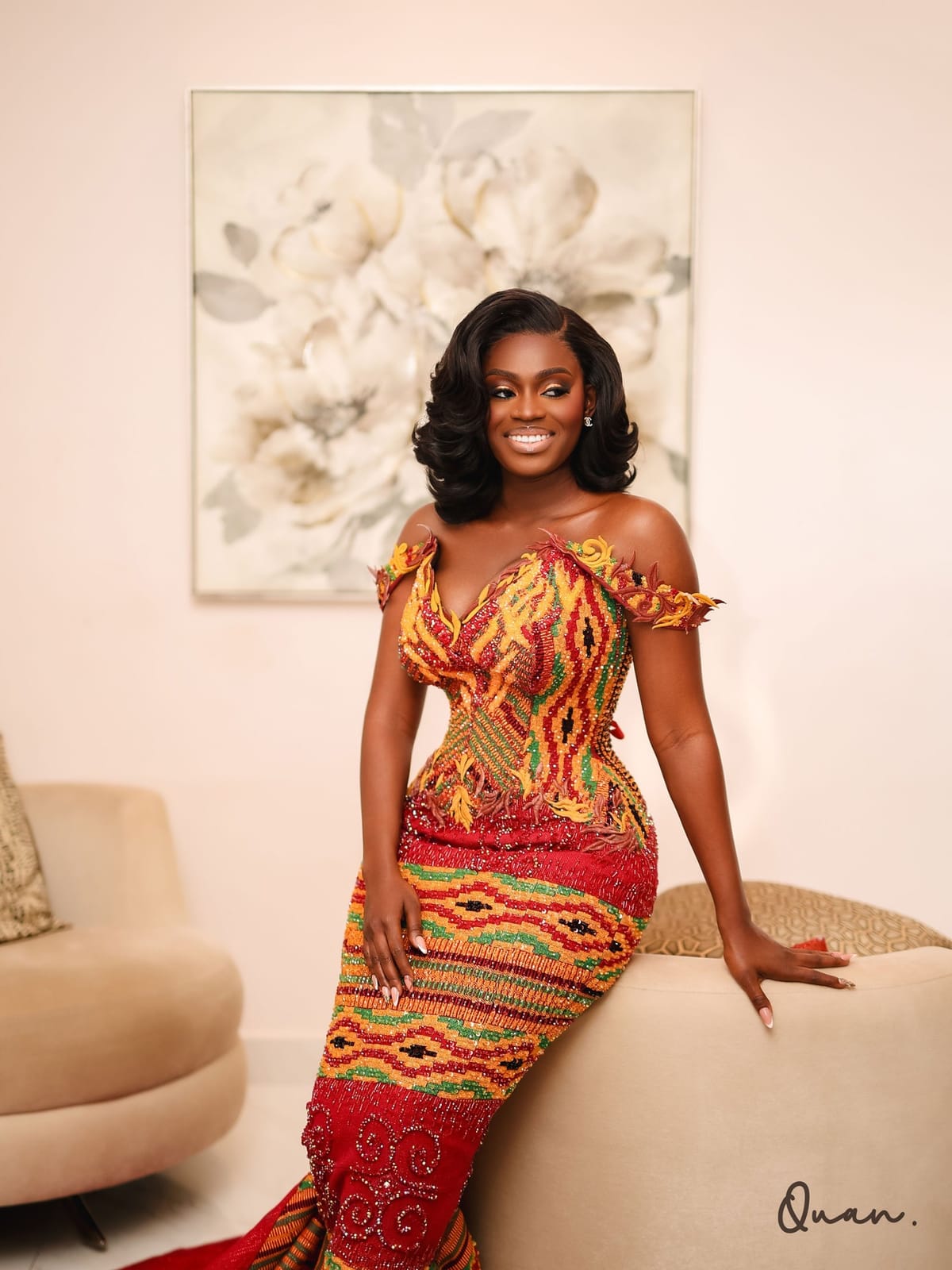 Bride in a beaded kente gown, makeup by Charly.O Beauty